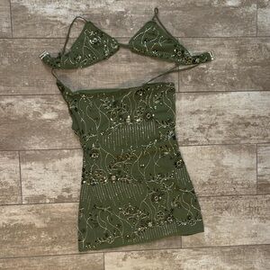 Peppermayo Olive Green Beaded Mini Dress